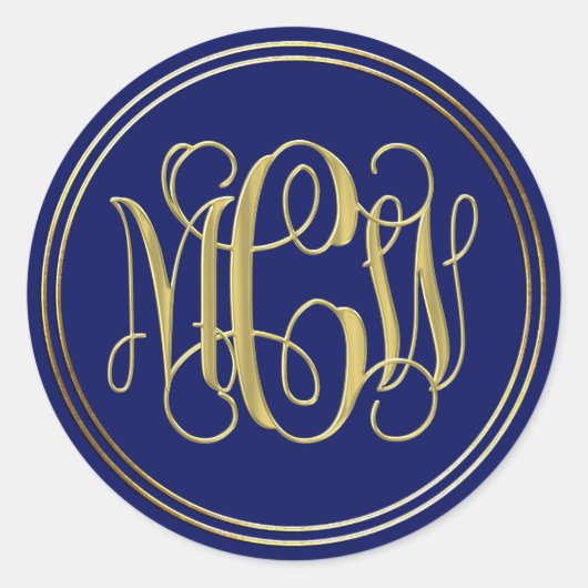 Blue Gold Preppy Vine Script Monogram DIY BG Runder Aufkleber (Vorderseite)