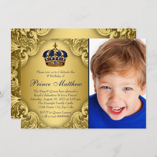 Blue Gold Prince Crown Prince Birthday Party Einladung (Vorne/Hinten)