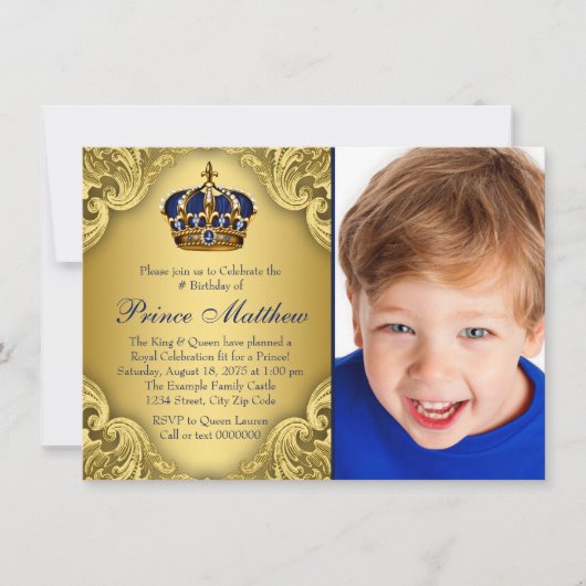 Blue Gold Prince Crown Prince Birthday Party Einladung (Vorderseite)
