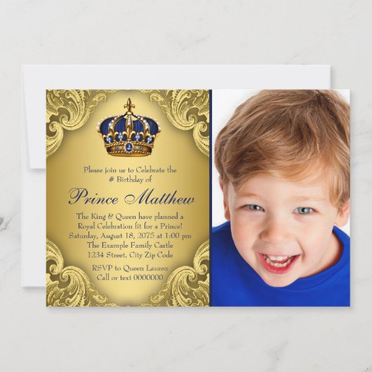 Blue Gold Prince Crown Prince Birthday Party Einladung (Vorderseite)