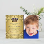 Blue Gold Prince Crown Prince Birthday Party Einladung (Stehend Vorderseite)