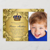 Blue Gold Prince Crown Prince Birthday Party Einladung (Vorne/Hinten)