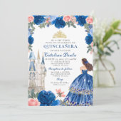 Blue Gold Princess Burg Quinceañera Einladung (Stehend Vorderseite)
