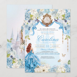 Blue Gold Princess Cinderella Royal Quinceanera Einladung
