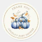 Blue Gold Pumpkin Autumn Baby Showdusche Runder Aufkleber (Vorderseite)