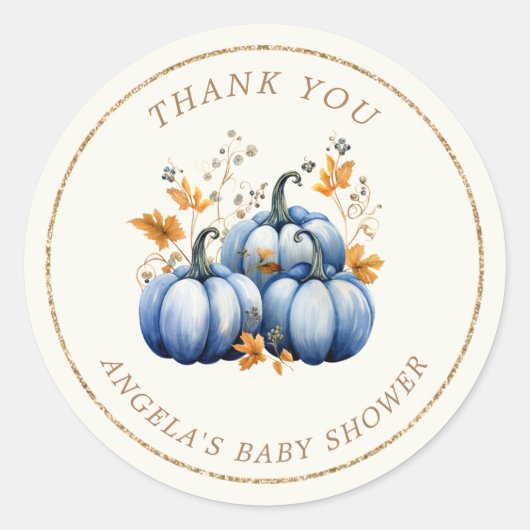 Blue Gold Pumpkin Autumn Baby Showdusche Runder Aufkleber (Vorderseite)