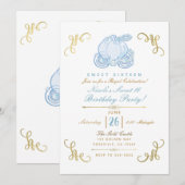 Blue & Gold Pumpkin Carriage Sweet 16 Party Einladung (Vorne/Hinten)