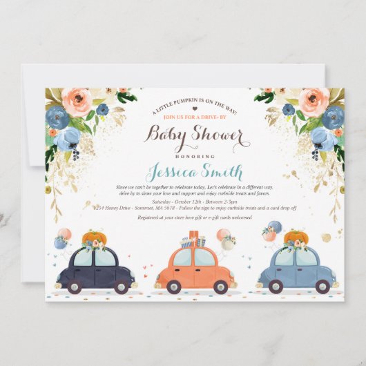 Blue & Gold Pumpkin Drive by Baby Dusche Einladung (Vorderseite)