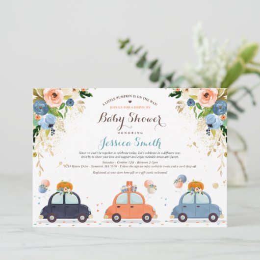 Blue & Gold Pumpkin Drive by Baby Dusche Einladung (Stehend Vorderseite)
