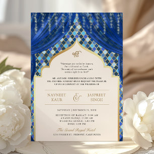Blue Gold Quatrefoil QR Code Sikh Hochzeit Einladung