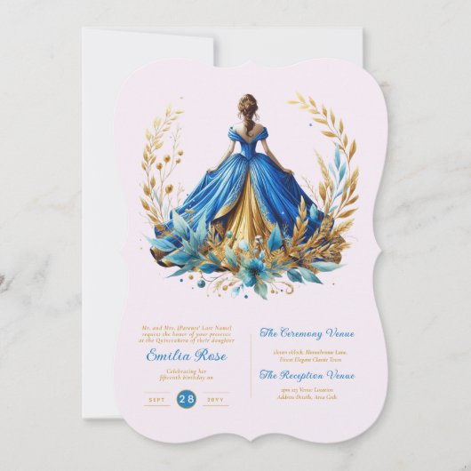 Blue Gold Quinceanera Dress Zeremonie Empfang Einladung (Vorderseite)