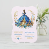 Blue Gold Quinceanera Dress Zeremonie Empfang Einladung (Stehend Vorderseite)