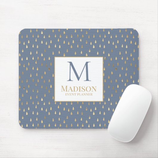 Blue Gold Raindrop Modern Trendy Monogram Mousepad (Mit Mouse)