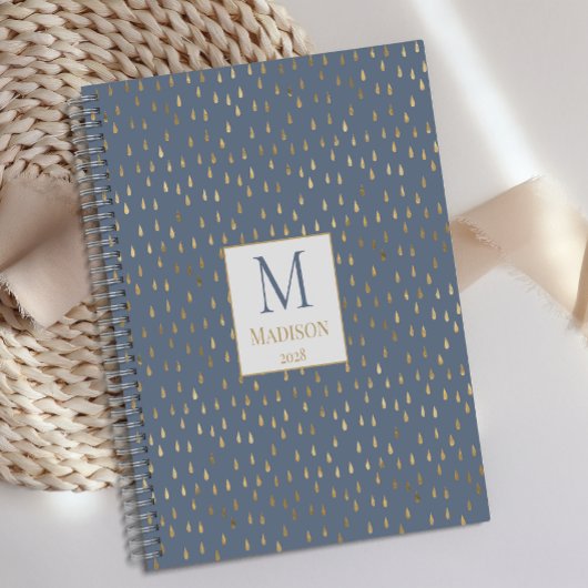 Blue Gold Raindrop Modern Trendy Monogram Planer