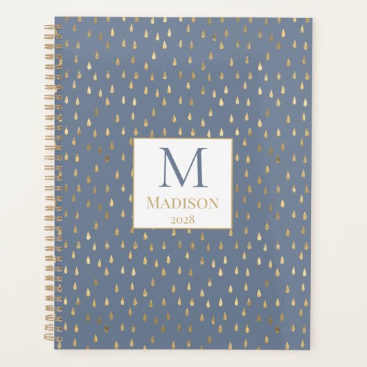 Blue Gold Raindrop Modern Trendy Monogram Planer (Vorderseite)