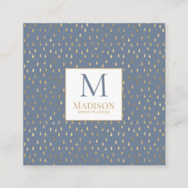Blue Gold Raindrop Modern Trendy Monogram Quadratische Visitenkarte