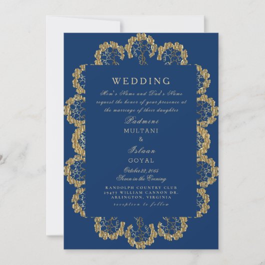 Blue & Gold Regal Indian Style Wedding Einladung (Vorderseite)