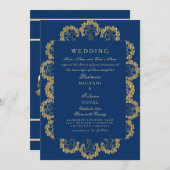 Blue & Gold Regal Indian Style Wedding Einladung (Vorne/Hinten)