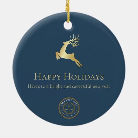 Blue Gold Reindeer Happy Holidays Business Logo Keramik Ornament (Hinten)