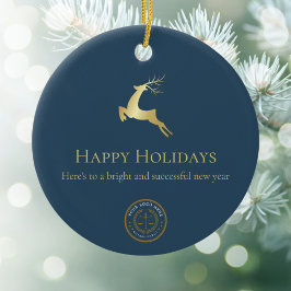 Blue Gold Reindeer Happy Holidays Business Logo Keramik Ornament