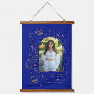 Blue Gold Retro Foto Abschluss Keepake Wandteppich Mit Holzrahmen