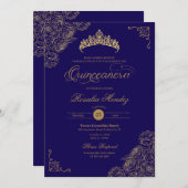 Blue & Gold Rose Elegante Quinceñera Einladung (Vorne/Hinten)
