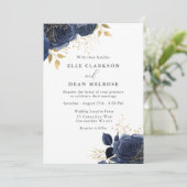 Blue & Gold Rose Hochzeitsfeiern Einladung (Stehend Vorderseite)