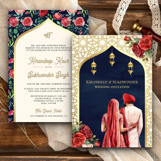 Blue Gold Rote Rose Floral Anand Karaj Sikh Weddin Einladung