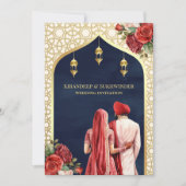 Blue Gold Rote Rose Floral Anand Karaj Sikh Weddin Einladung (Vorderseite)
