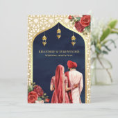 Blue Gold Rote Rose Floral Anand Karaj Sikh Weddin Einladung (Stehend Vorderseite)