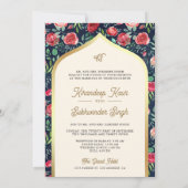 Blue Gold Rote Rose Floral Anand Karaj Sikh Weddin Einladung (Rückseite)