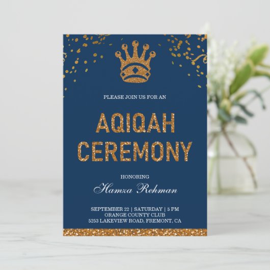 Blue Gold Royal Crown Prince Aqiqah Einladung (Stehend Vorderseite)