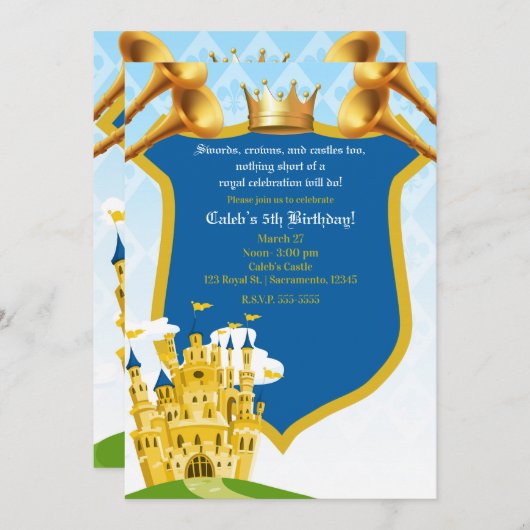 Blue & Gold Royal Prince Burg Geburtstagsparty Einladung (Vorne/Hinten)