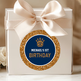 Blue Gold Royal Prince Crown Erster Geburtstag Runder Aufkleber