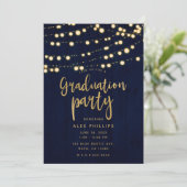 Blue Gold Rustic Wood & Lights Graduation Party Einladung (Stehend Vorderseite)