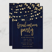 Blue Gold Rustic Wood & Lights Graduation Party Einladung (Vorne/Hinten)