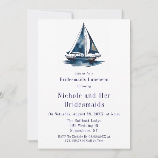 Blue & Gold Sailboat Nautical Bridesmaids Luncheon Einladung (Vorderseite)