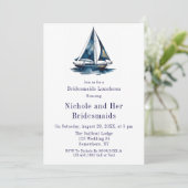 Blue & Gold Sailboat Nautical Bridesmaids Luncheon Einladung (Stehend Vorderseite)