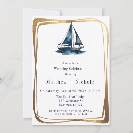 Blue & Gold Sailboat Nautical Wedding Celebration Einladung (Vorderseite)