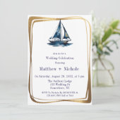 Blue & Gold Sailboat Nautical Wedding Celebration Einladung (Stehend Vorderseite)