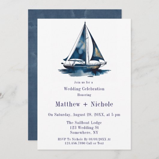 Blue & Gold Sailboat Nautical Wedding Celebration Einladung (Vorne/Hinten)