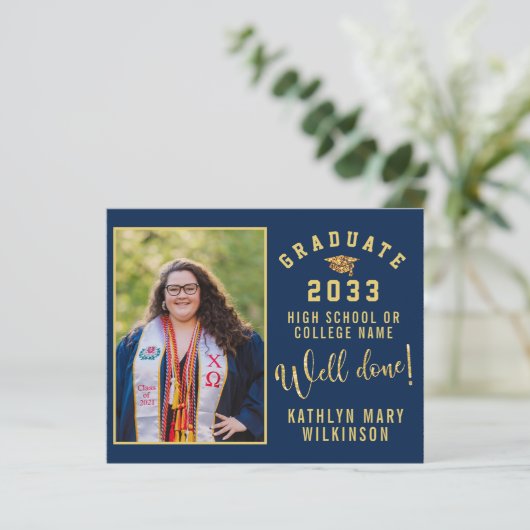 Blue Gold Script 4 Foto GRAD Ankündigung (Stehend Vorderseite)