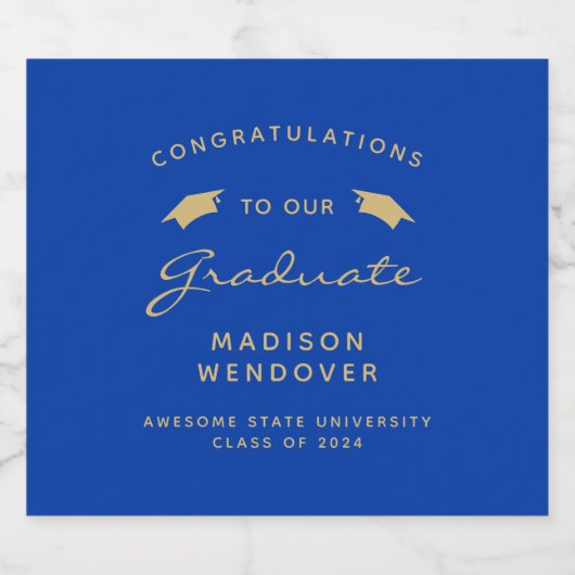 Blue Gold Script Cap Abschluss 2024 Bierflaschenetikett (Einzelnes Label)