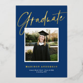 Blue + Gold Script Foto Abschluss Ankündigung (Vorderseite)