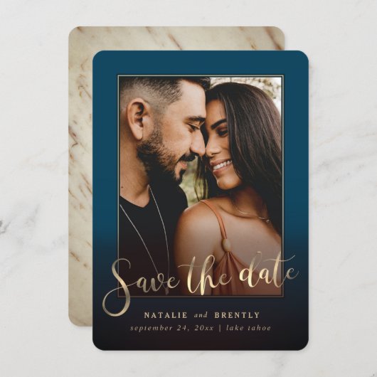 Blue Gold Script & Marble Foto Overlay Save The Date (Vorne/Hinten)