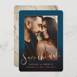 Blue Gold Script & Marble Foto Overlay Save The Date
