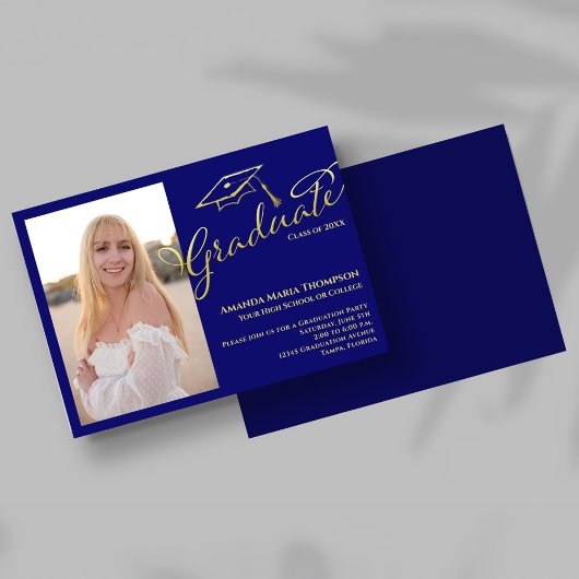 Blue Gold Script Photo Graduation Party Invite Einladung