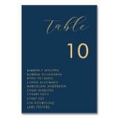 Blue Gold Script Seating Chart Names Wedding Tischnummer (Rückseite)