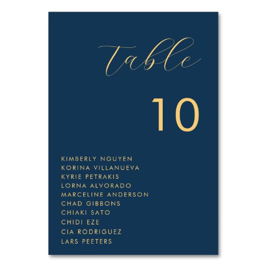 Blue Gold Script Seating Chart Names Wedding Tischnummer (Rückseite)
