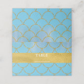 Blue Gold Shimmer Mermaid Party Tischnummer Platzkarte (Außenseite Aufgefaltet)